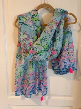 Lilly Pulitzer Light Blue Floral Wrap Scarf with Pink Tassels